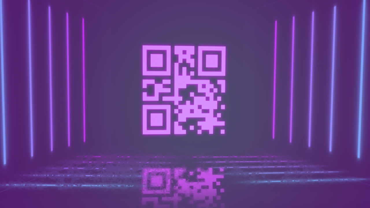 animación de líneas codificadas y iluminadas de qr contra un fondo negro.
