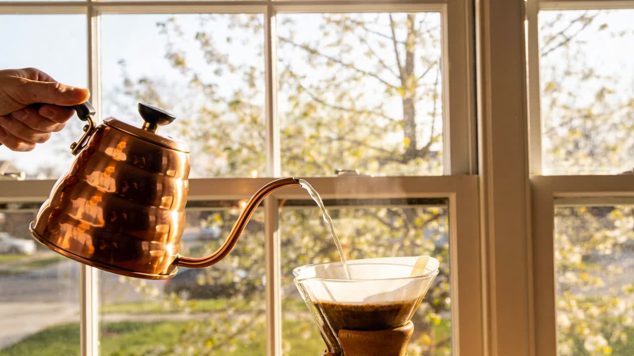 En hånd med mørk mansjett tipper en kobberkjele og heller varmt vann i en drypper ved vinduet for å "blomstre" kaffepulveret.