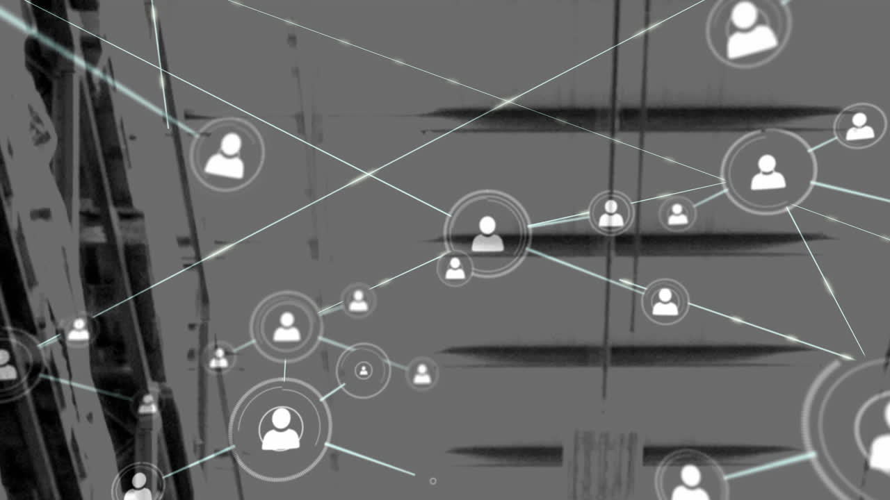 animación de la red de conexiones e iconos sobre el almacén