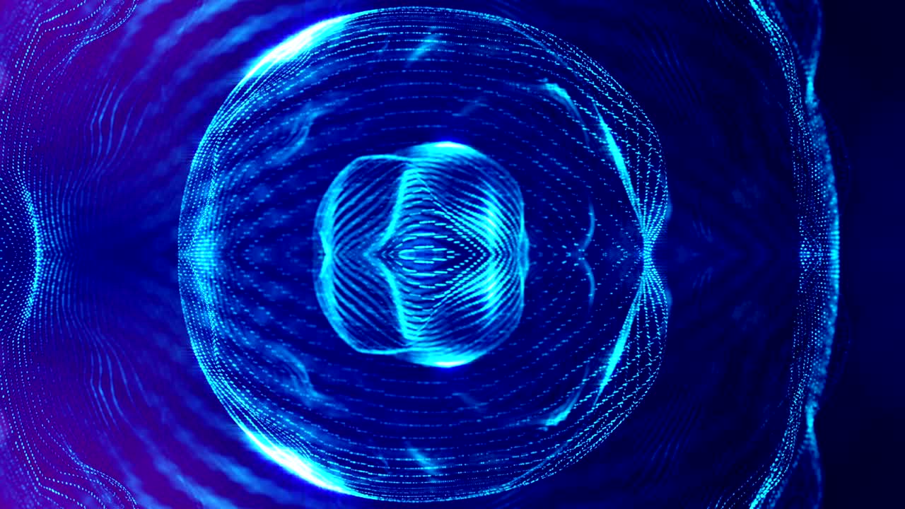 3d loop animation as science fiction background of glowing particles with depth of field and bokeh for vj loop. Particles form line and surface grid. V3 blue spheres
