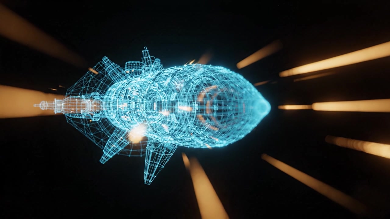 High-Tech Visualization of Futuristic Underwater Vehicle with Complex Wireframe Design and Dynamic Ray Emission in a Dark Environment