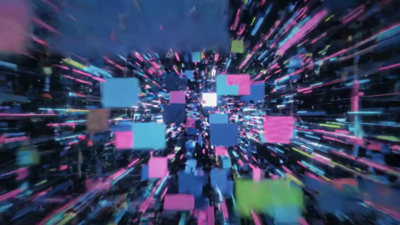 Dynamic Abstract Motion of Colorful Pixels in a Dark Space Creating a Futuristic Digital Experience with Vibrant Lines of Light and Movement