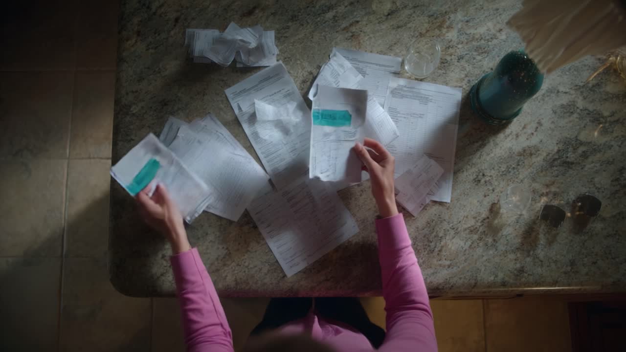 Overwhelmed by Bills: A Glimpse into Financial Struggles as a Person Sorts Through a Pile of Receipts and Paperwork on a Kitchen Counter in a Stressful Environment
