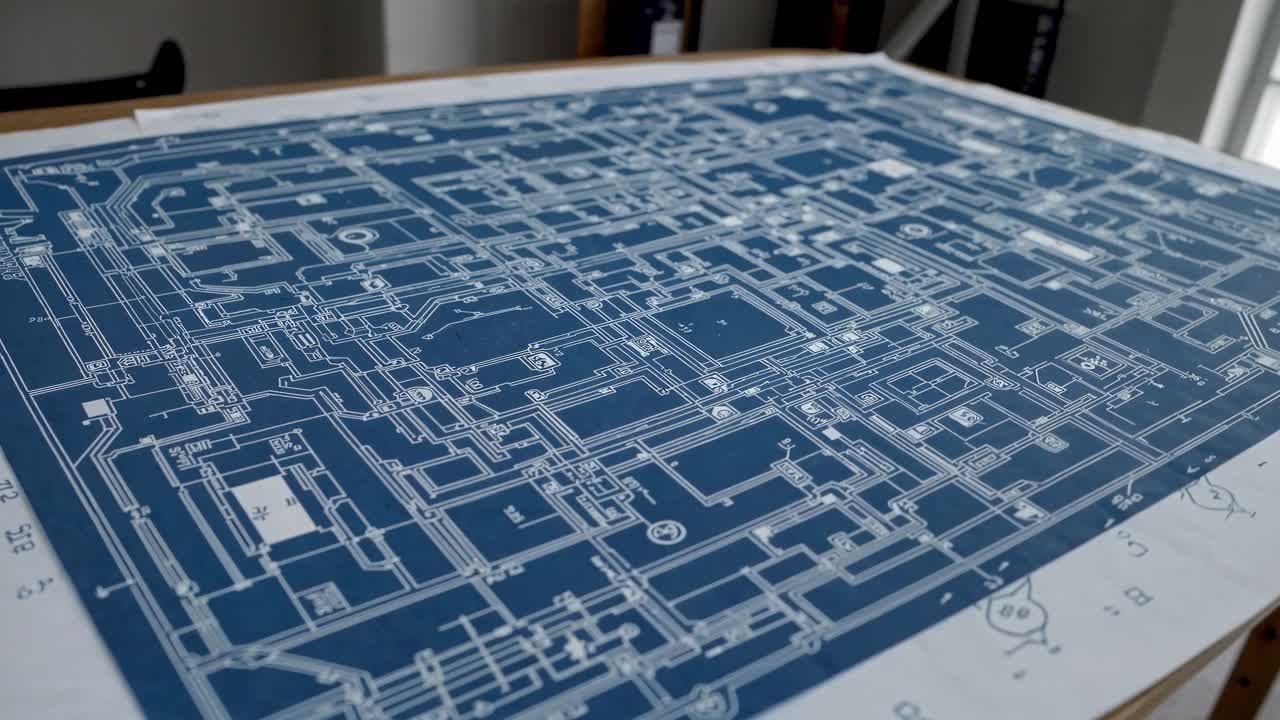 Blueprint on a table captured from a low angle, showcasing intricate architectural details