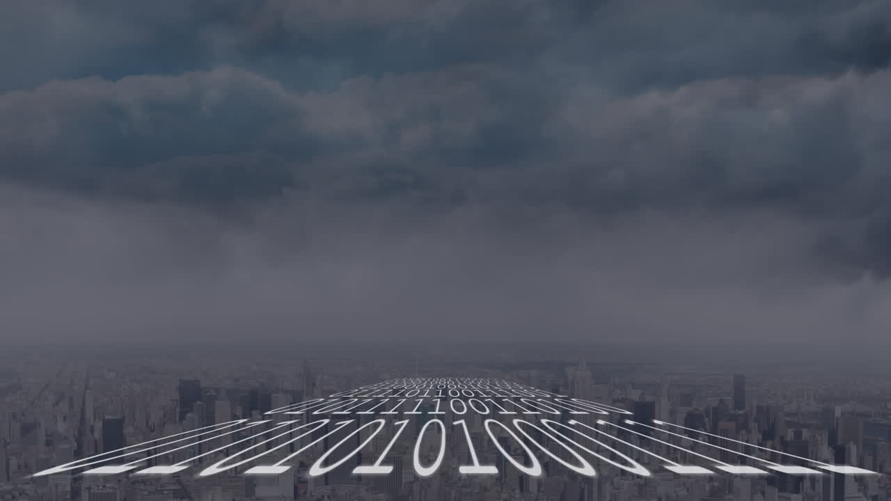 도시 풍경 위의 데이터 처리 애니메이션