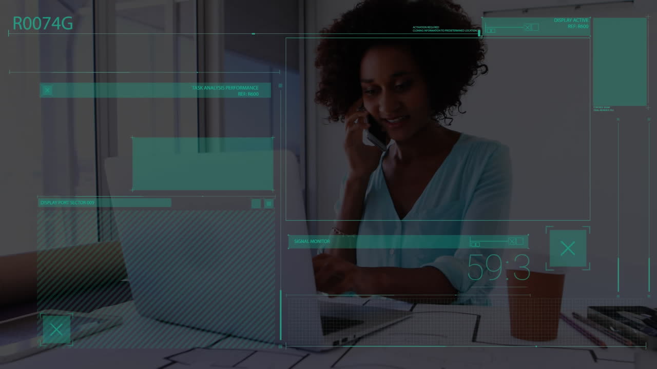 Animation of data processing over african american businesswoman using laptop and smartphone