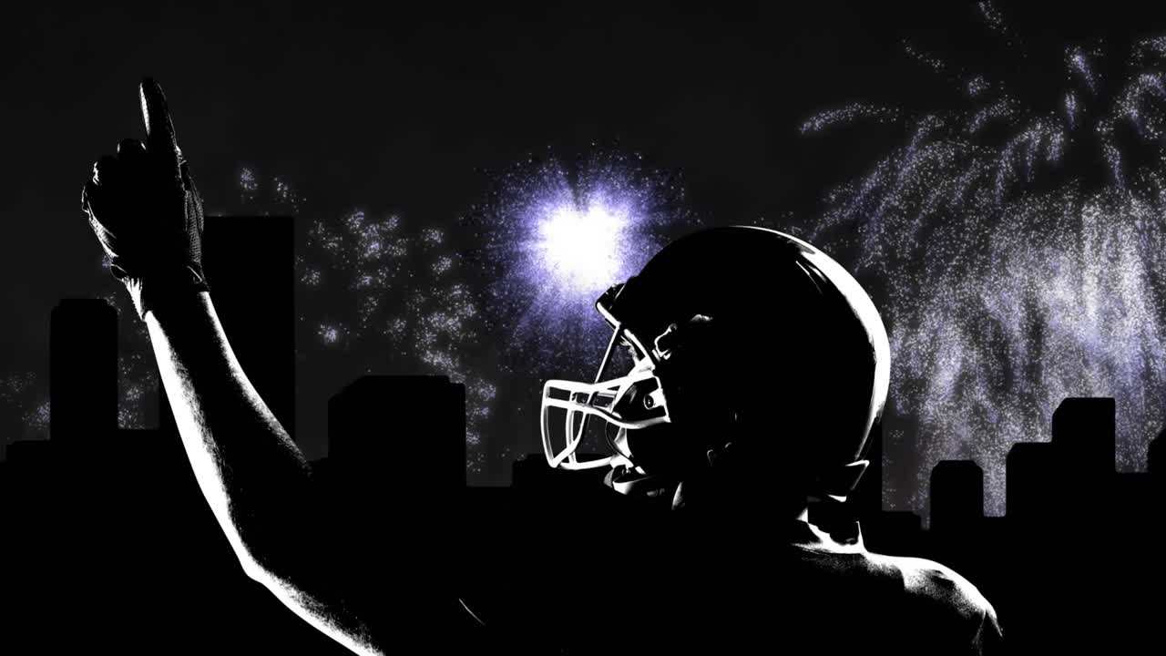 남성 아메리칸  ⁇ 볼 선수가 손가락을 가리키는 도시 풍경과 불꽃놀이의 애니메이션