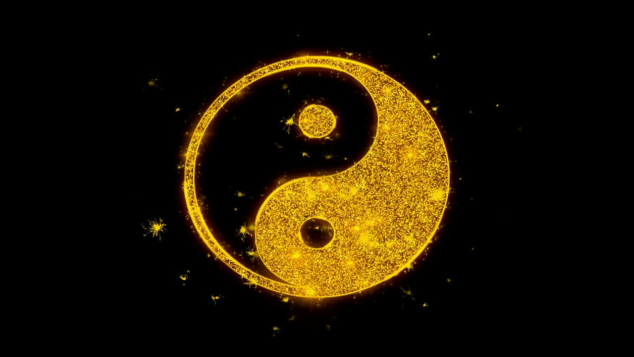 el ícono del símbolo yin yang de la armonía hace chispas de partículas sobre un fondo negro.