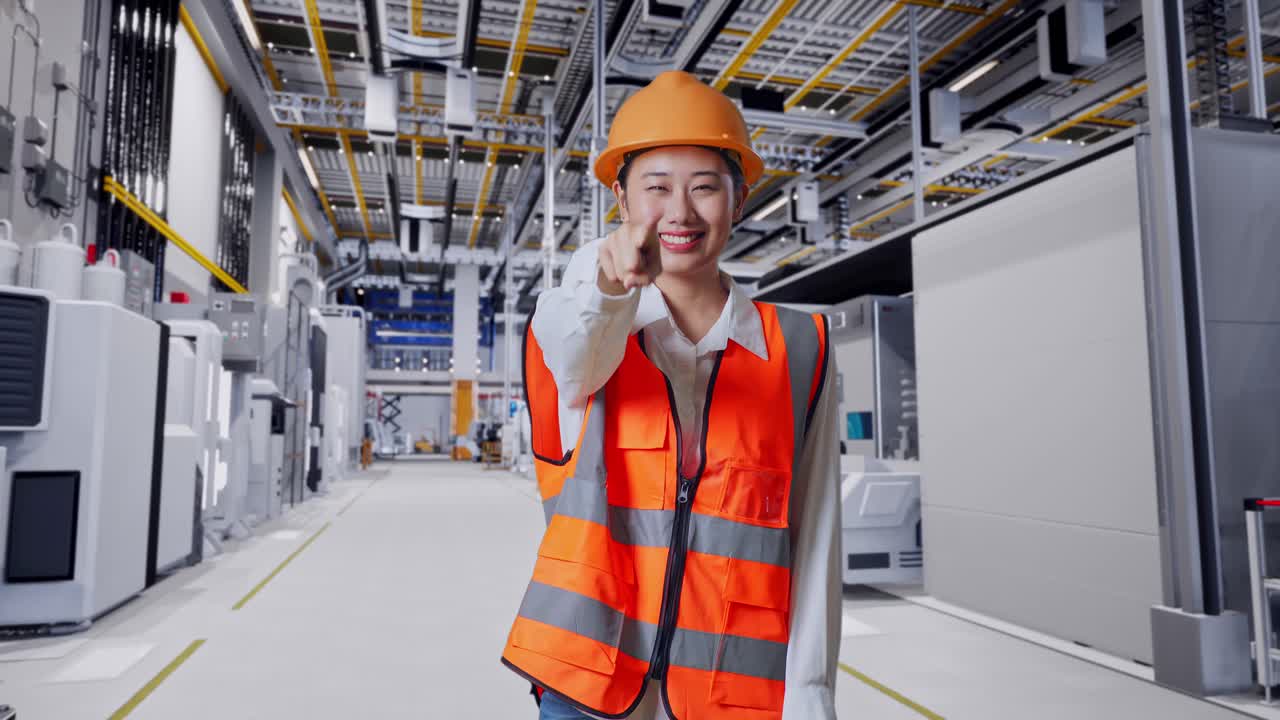 공장을 가리키는 여성 엔지니어