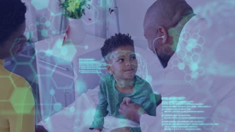 Animation-Der-Wissenschaftlichen-Datenverarbeitung-über-Einem-Afroamerikanischen-Männlichen-Arzt-Mit-Einem-Jungen-Patienten