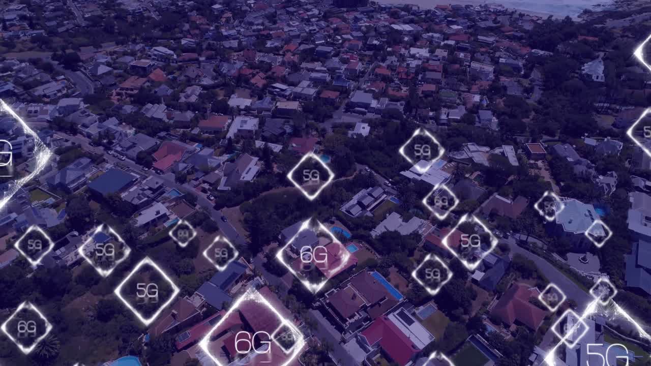 animación de la red de texto 6g sobre el paisaje urbano