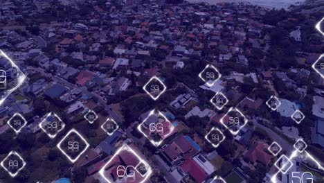 animación de la red de texto 6g sobre el paisaje urbano