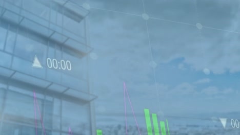 animación del procesamiento de datos financieros sobre el edificio de oficinas
