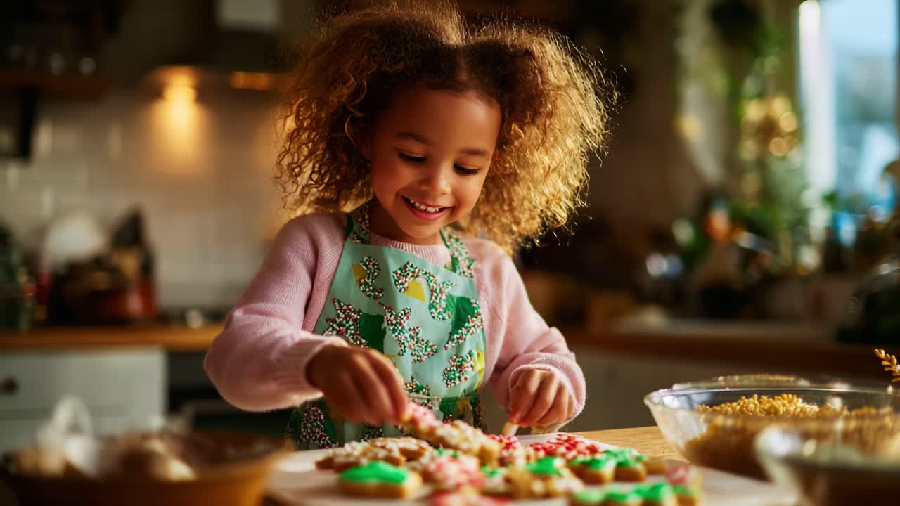 A joyful child meticulously decorating colorful holiday cookies in a cozy kitchen, showcasing creativity and happiness in a festive atmosphere filled with warmth and cheer