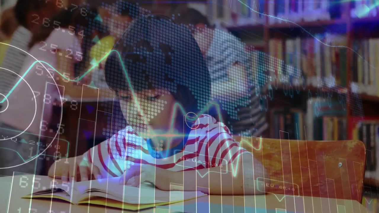 Boy opening book page at library table initiating animated data charts pulsing over study scene