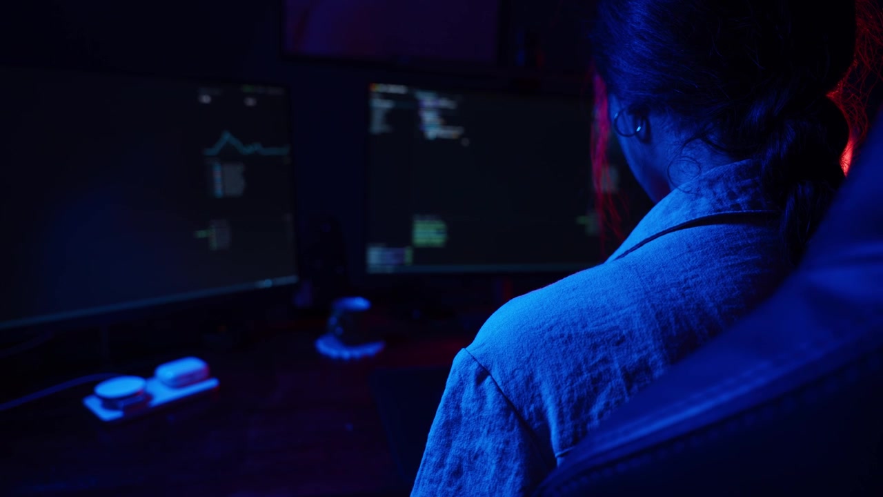 Young Woman Coding on Computer in Dark Room