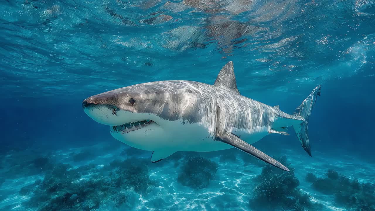 Majestic Great White Shark Gliding Through Crystal Clear Ocean Waters Captured in Stunning Underwater Imagery, Showcasing Its Graceful Movement and Natural Habitat