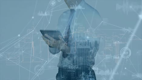 animation of data processing over caucasian businessman with tablet