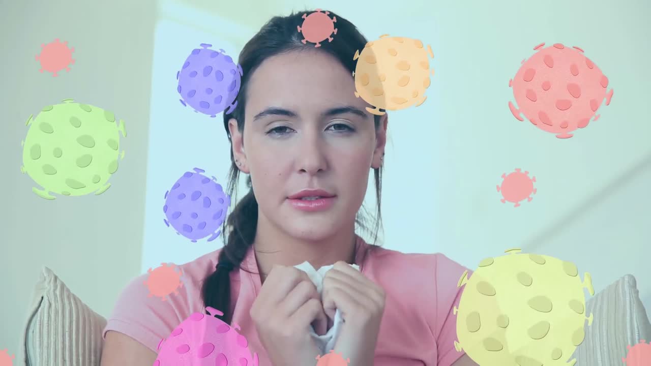 대규모 코로나19 세포 아이콘의 애니메이션 카우카시안 여성이 조직에 재채기를 하고 있습니다.