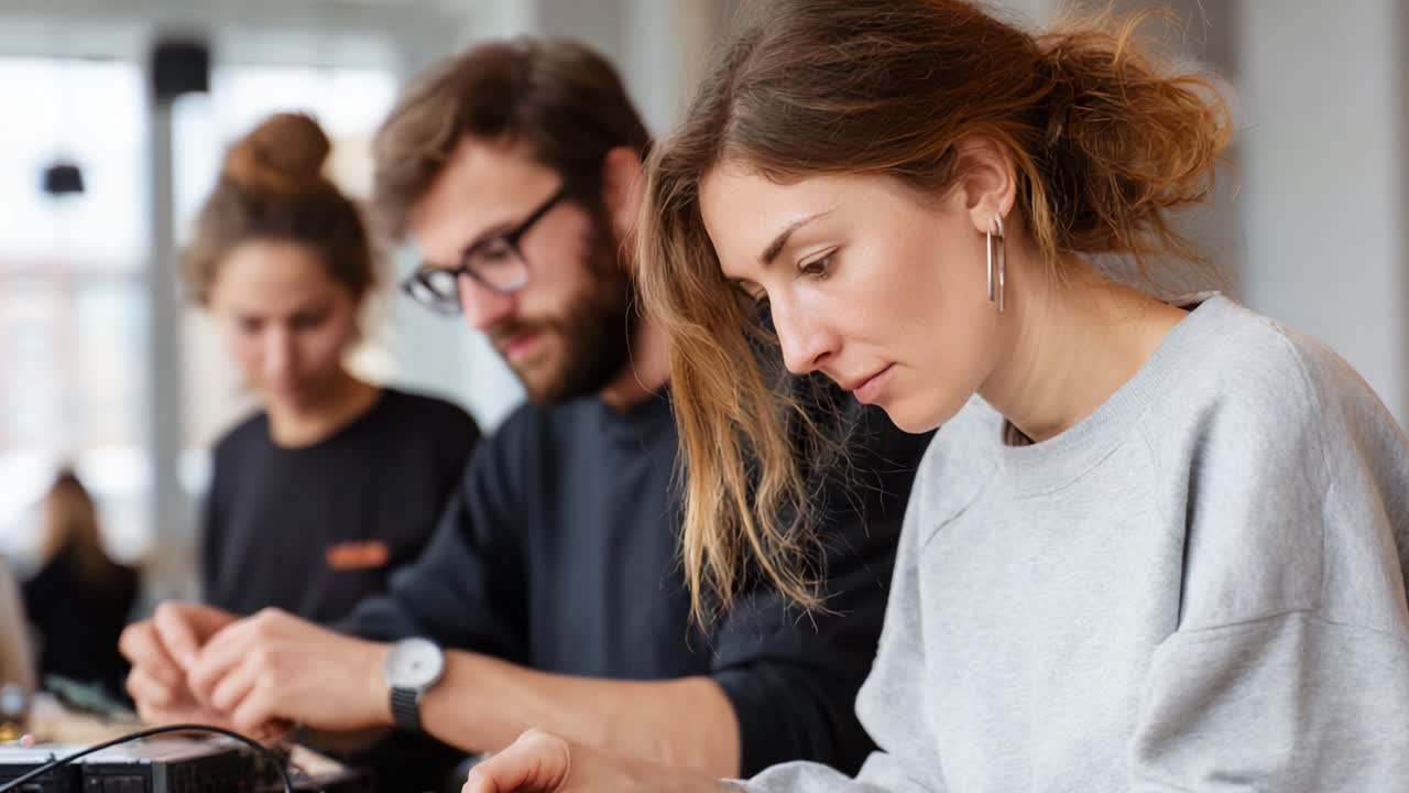 Engagierte TeilnehmerInnen konzentrieren sich auf ein kollaboratives, kreatives Projekt in einer modernen Arbeitsumgebung, das Teamwork und innovative Denkprozesse demonstriert