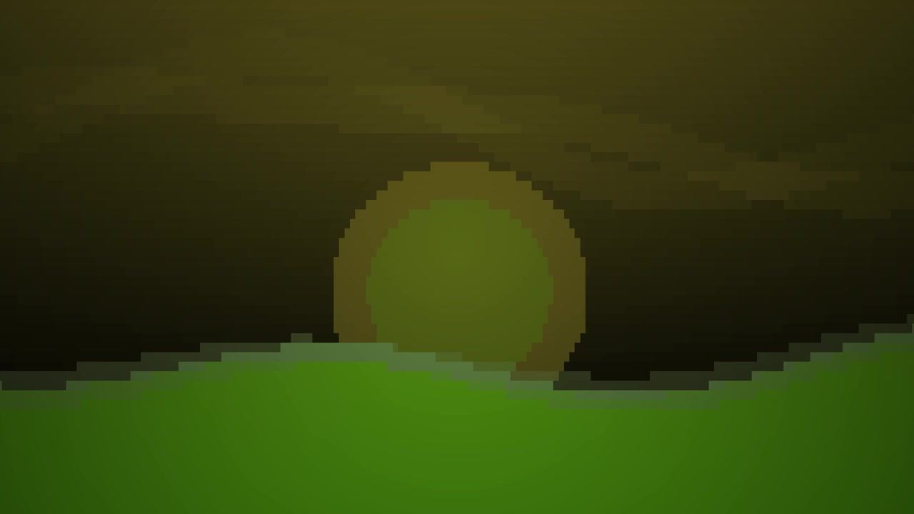 Animazione in pixel art di un sole che tramonta su colline verdi