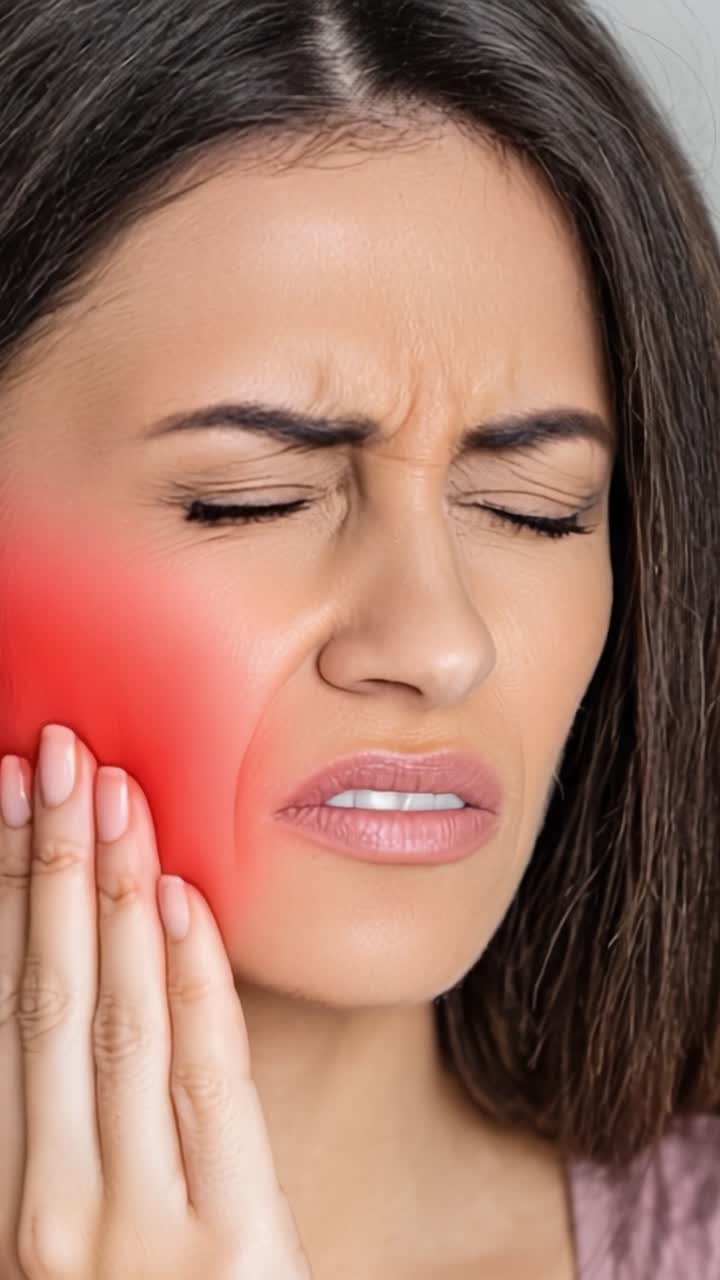 A woman experiencing severe facial pain highlights the struggle and discomfort associated with dental issues and emotional distress, capturing a moment of distress and vulnerability