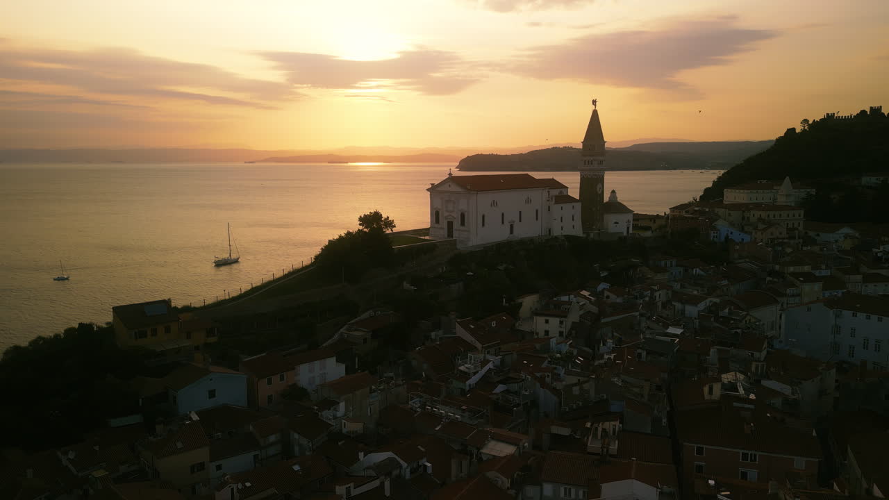 Aerial view of Piran, Slovenia at sunset