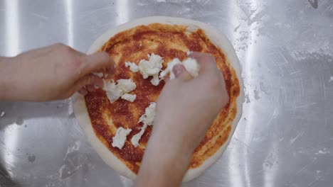 top view of neapolitan pizza dough with tomato sauce and chef hands adding mozzarella cheese on top