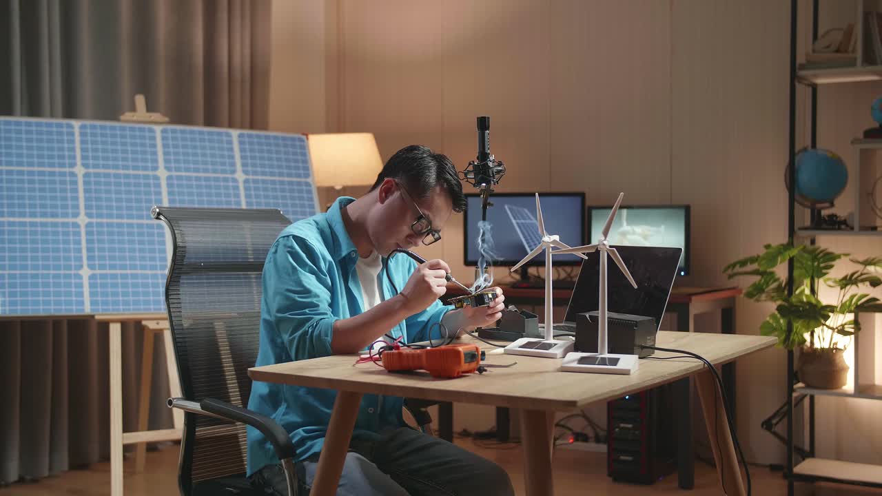 풍력 터빈을 가진 아시아인 남자가 사무실에서 태양전지 에 노트북으로 작업하는 동안 회로판을 수리합니다.