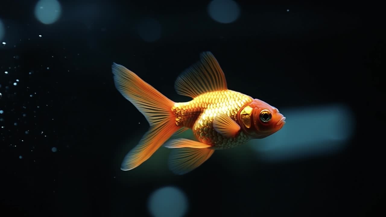 Bright goldfish swimming in clear water. A vibrant goldfish gracefully swims through clear, illuminated water, showcasing its colorful fins and scales.