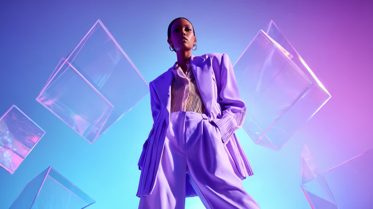 A striking fashion model stands confidently in a futuristic, vibrant setting, showcasing a stunning purple ensemble with geometric crystal elements reflecting a modern, artistic ambiance