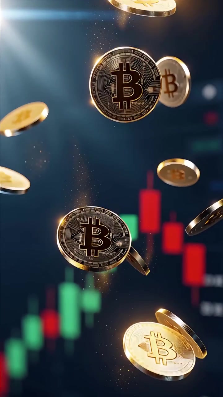 Moedas de Bitcoin douradas com fundo de gráfico de velas desfocado 4K