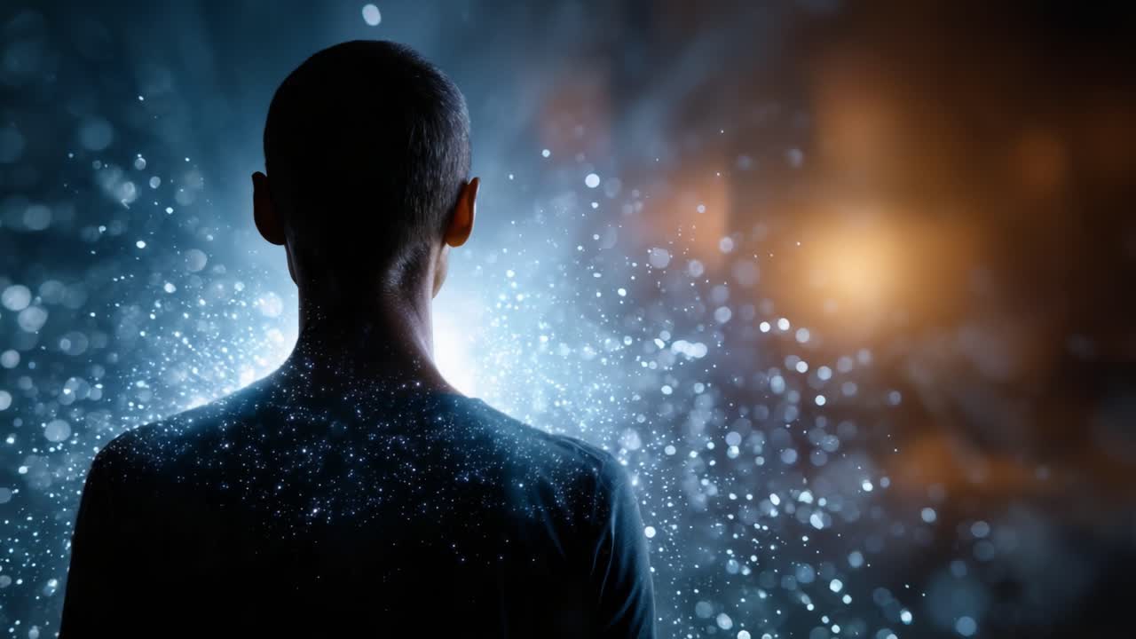 A Mystical Encounter: A Silhouette Against a Cosmic Background, Illuminated by Ethereal Light and Speckles of Stars, Evoking Wonder and Imagination