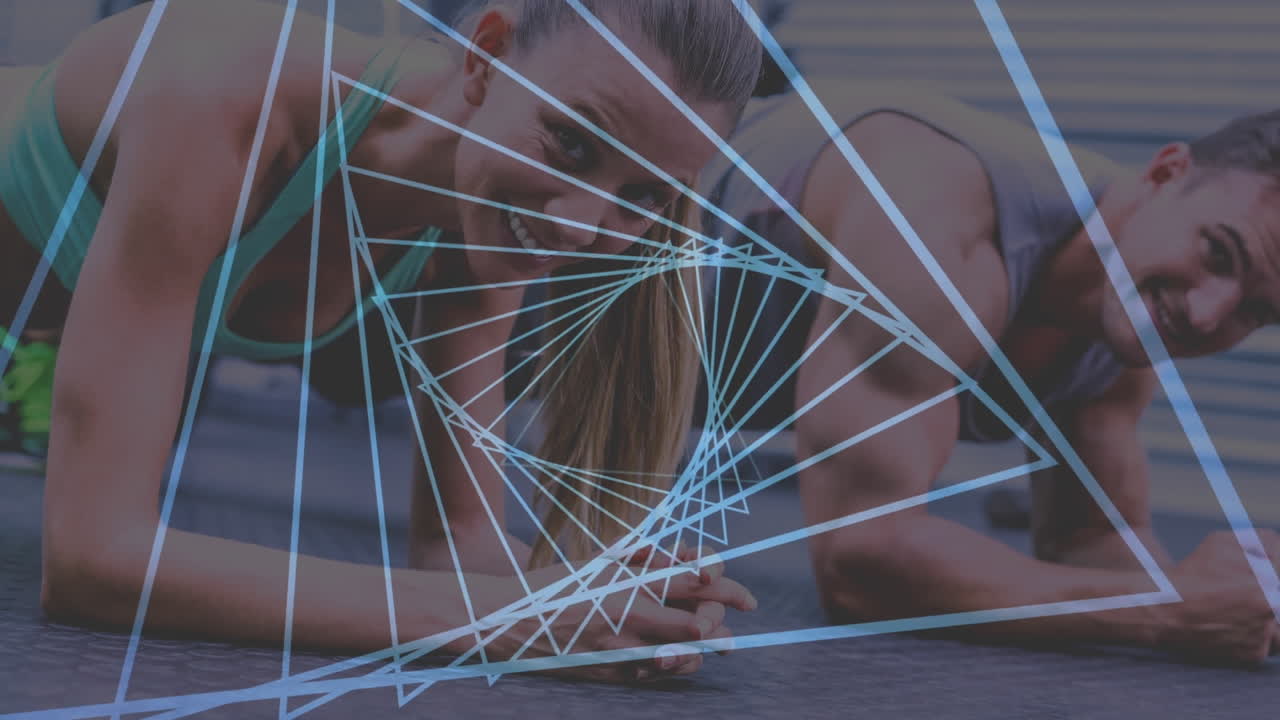 animación de un túnel brillante sobre un hombre y una mujer haciendo ejercicio