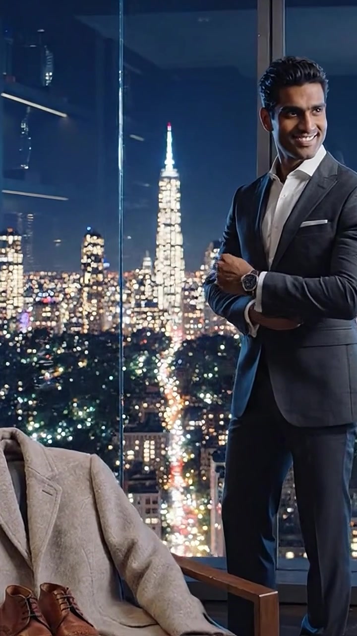 Uomo vestito con stile in abiti eleganti con vista sullo skyline e accessori raffinati che catturano l'essenza della sofisticazione urbana di notte