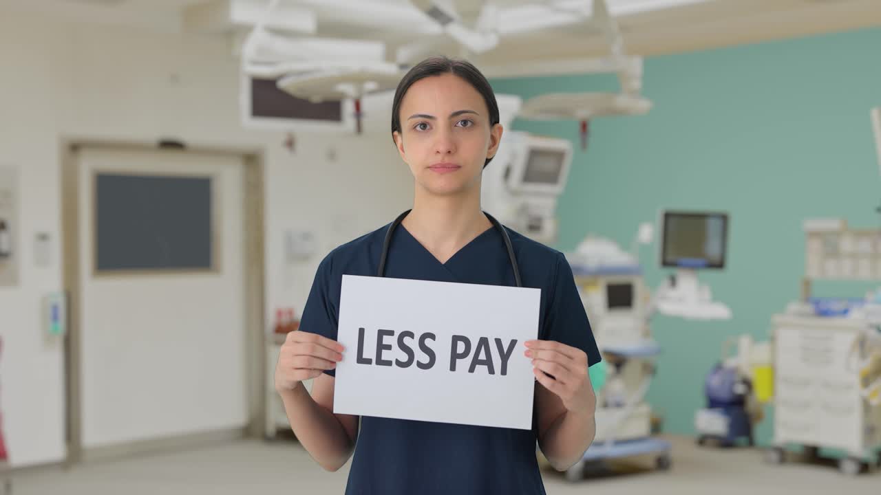 Sad Indian female doctor holding LESS PAY banner