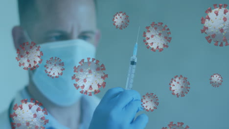 animación de células de covid-19 y un médico que usa una máscara preparando una jeringa de vacuna