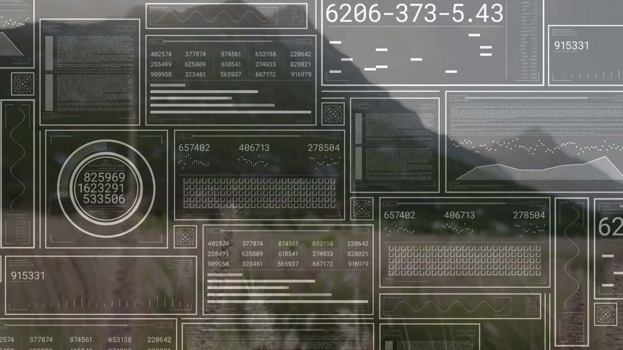 HUD receiving sensor input, updating gauge and waveform charts over meadow for environment tech
