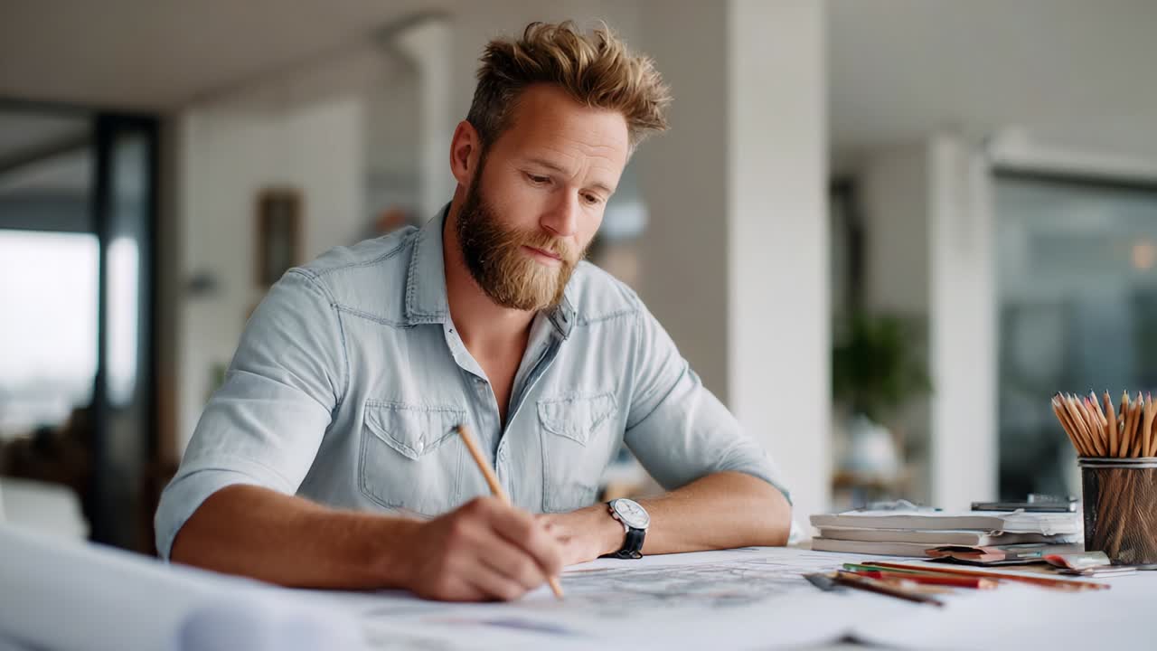 A focused artist engaged in the creative process, capturing intricate designs on paper while seated at a modern workspace, showcasing the dedication of craftsmanship and innovation in art