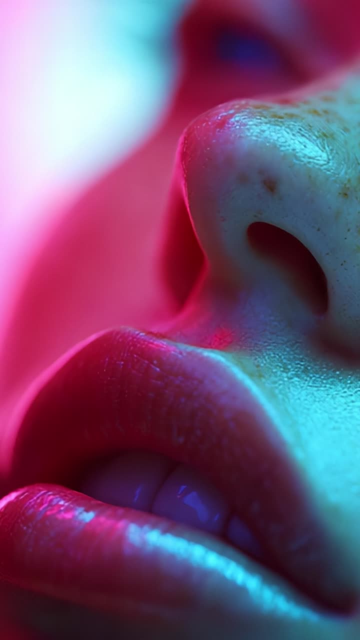 Close-Up View of a Vibrantly Colored Face Highlighting Lips and Nose with Artistic Lighting Effects in Shades of Pink and Blue for a Stunning Visual Impact