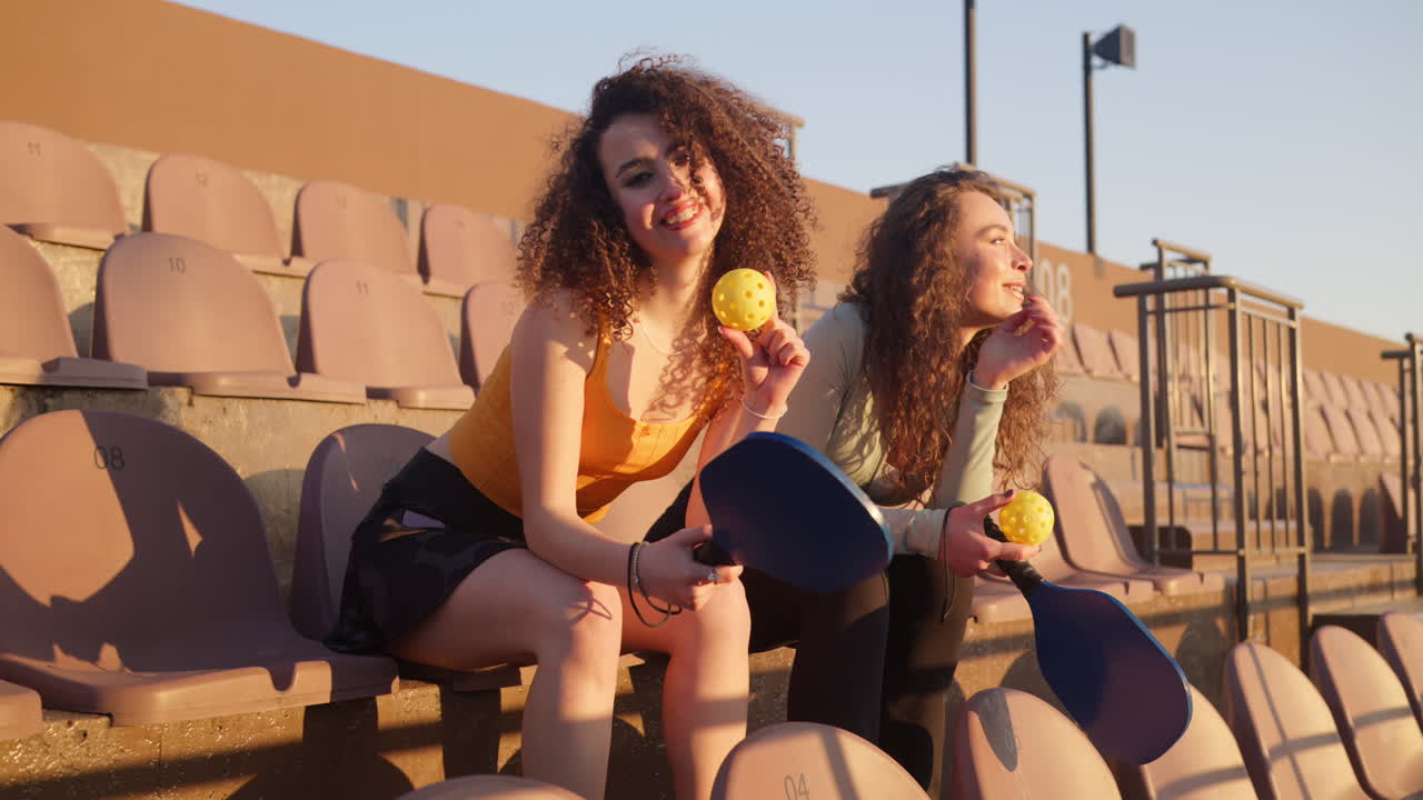 Una joven sonriente y feliz con el pelo rizado, sentada en las gradas, sosteniendo raquetas de pickleball y pelotas amarillas en un día soleado