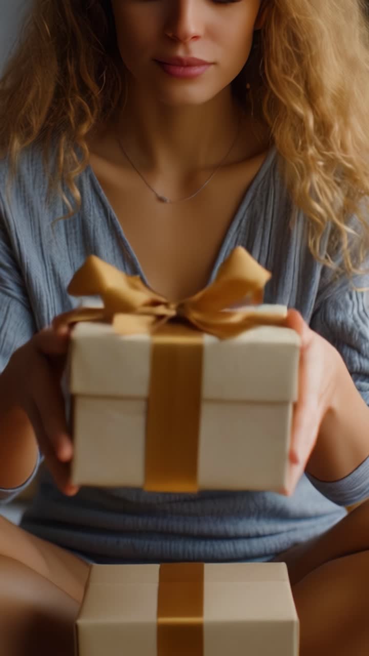 Una donna dai capelli ricci regge con delicatezza una confezione regalo avvolta con cura, rivelando la sua espressione serena e lo spirito festivo di generosità e celebrazione.