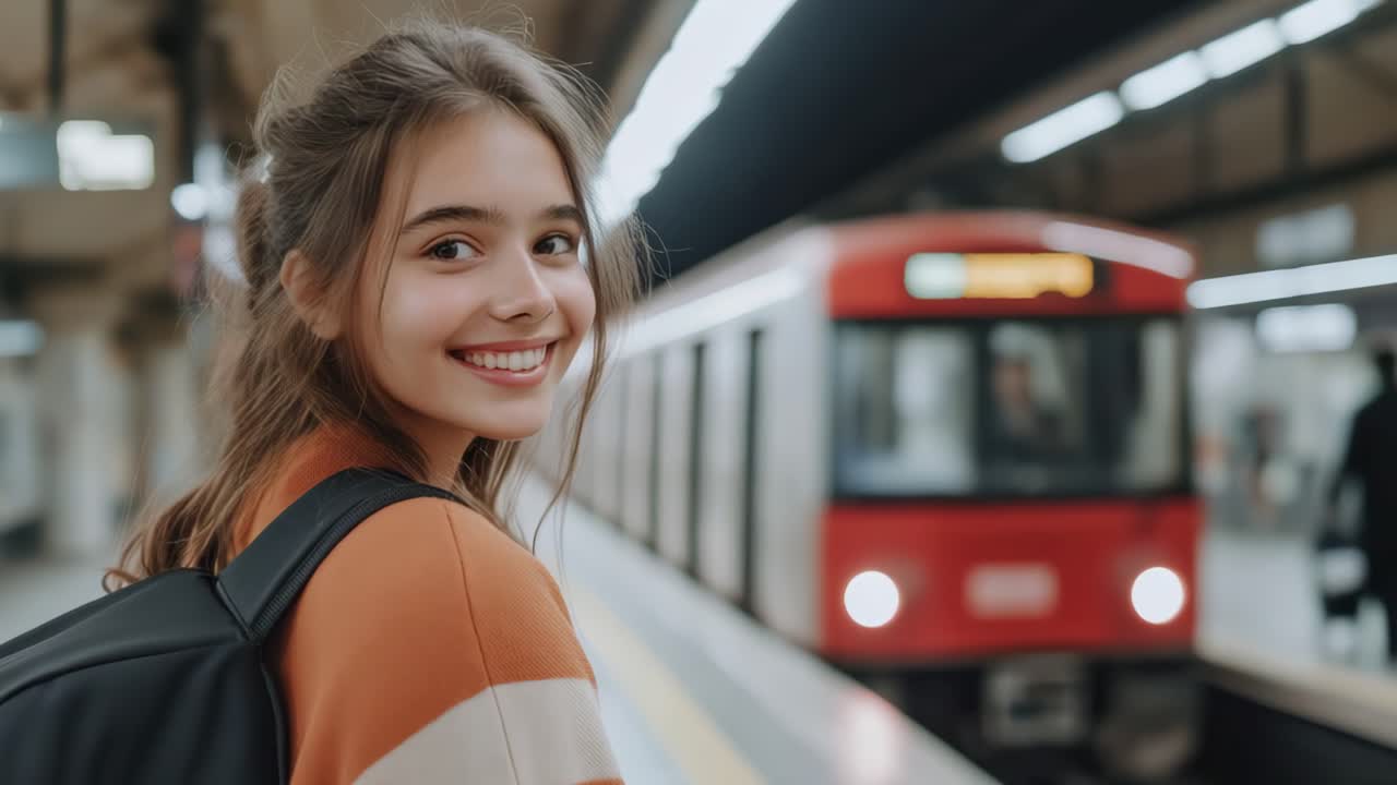 Woman with backpack at subway station with train in background