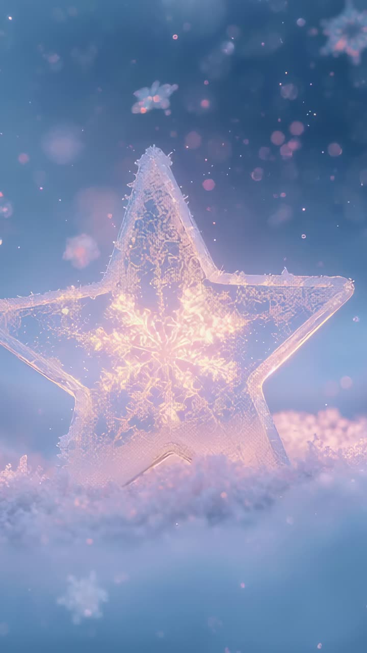 Vertical video: Pulsing frosted star ornament revealing glowing snowflake pattern on snowy bed