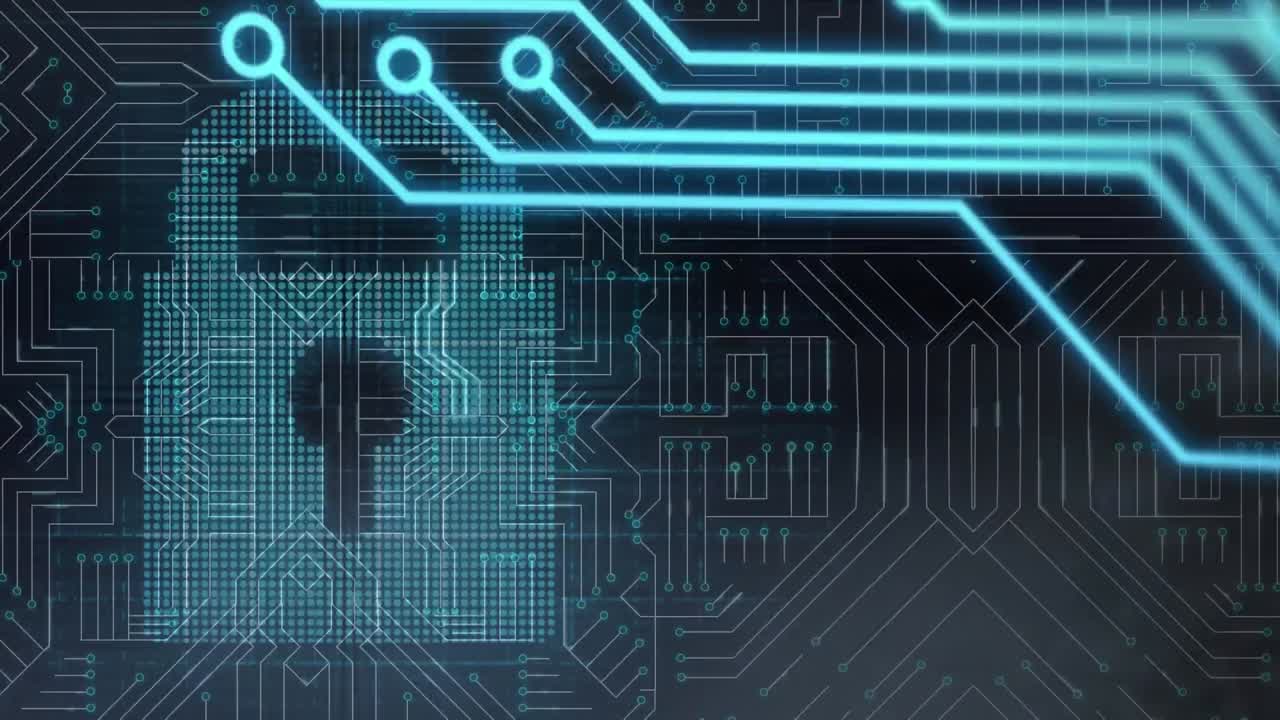 animación del candado de seguridad en línea con placa de circuito informático y procesamiento de datos en segundo plano