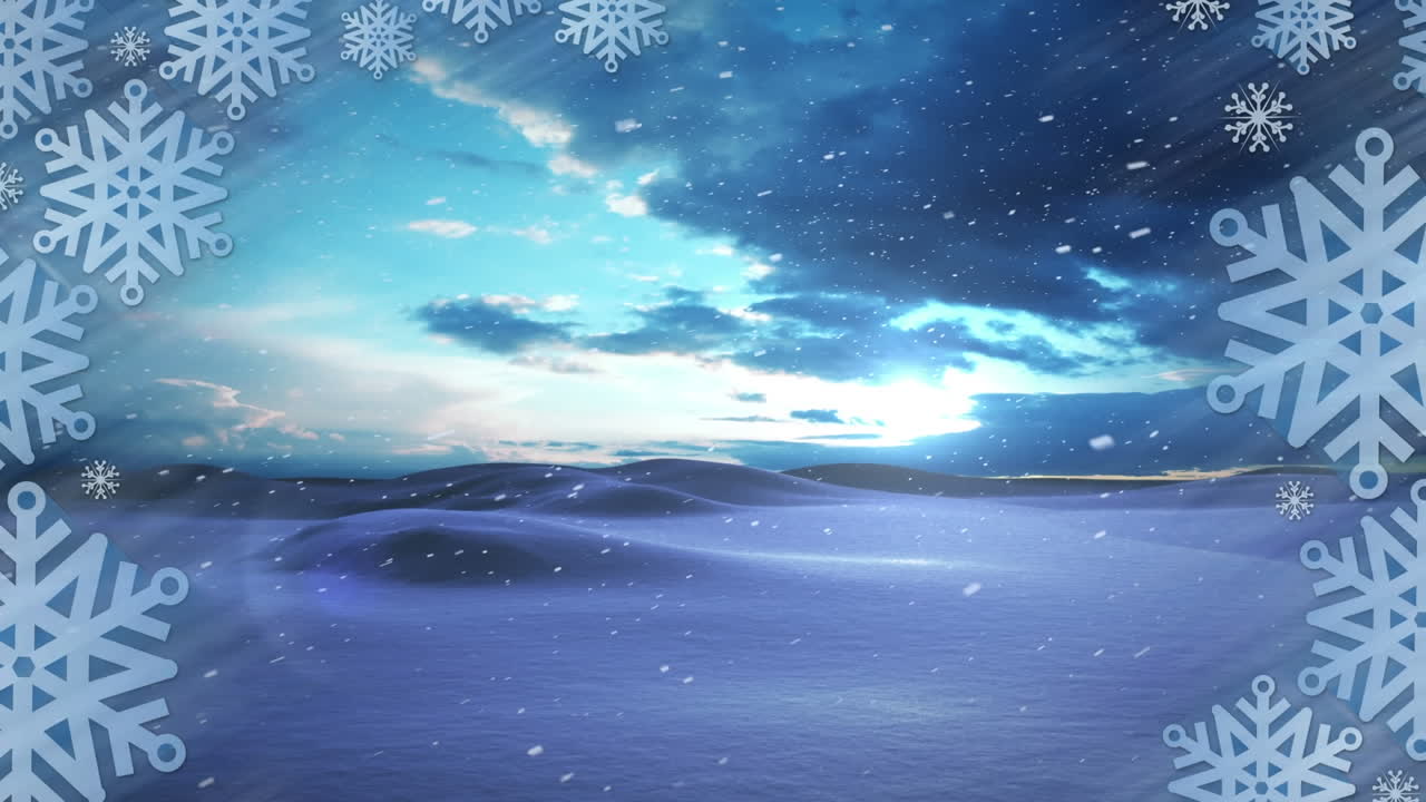 겨울 풍경 위에 내리는 눈의 애니메이션