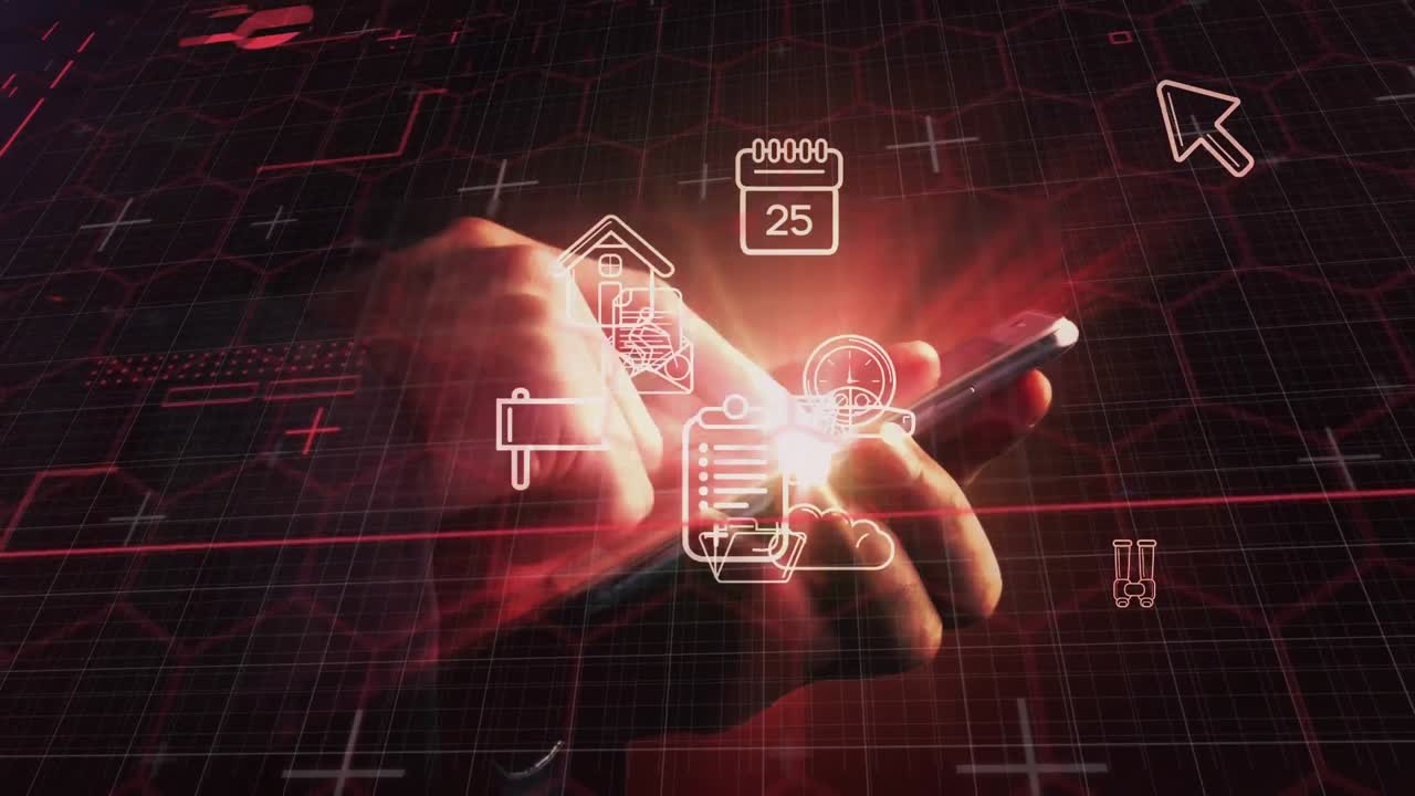 Digitale ikoner svævende foran en smartphone-bruger på sort baggrund