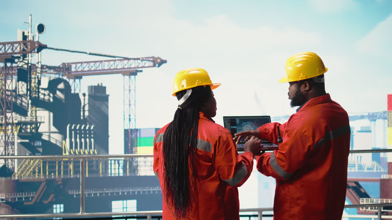 Vertical video Offshore platform crew using artificial intelligence program on laptop
