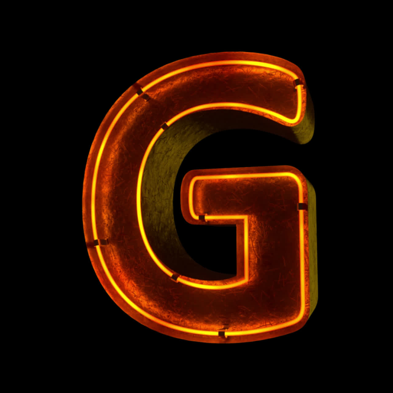 Lettera G al neon che si illumina su sfondo nero