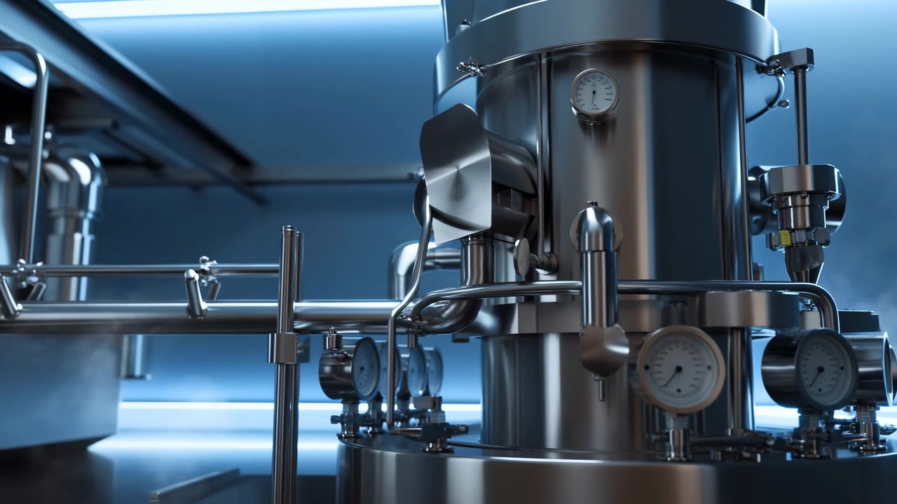 Close-up view of a polished stainless steel processing tank with pipes, valves, gauges, and clamps in a clean industrial facility, illuminated by cool blue